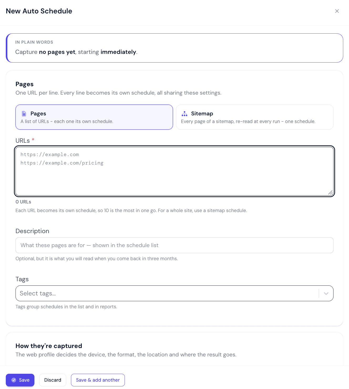 The New Auto Schedule panel: the In plain words summary, Pages or Sitemap, the URLs box, Description and Tags