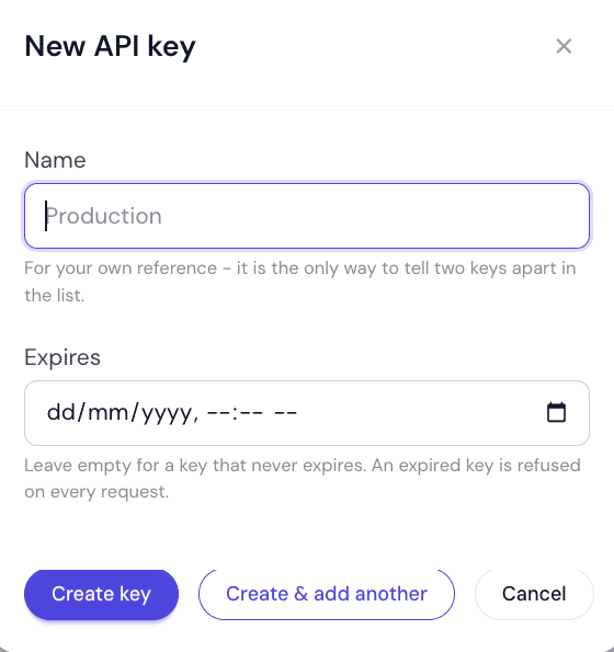 The New API key panel with a Name field and an optional Expires date