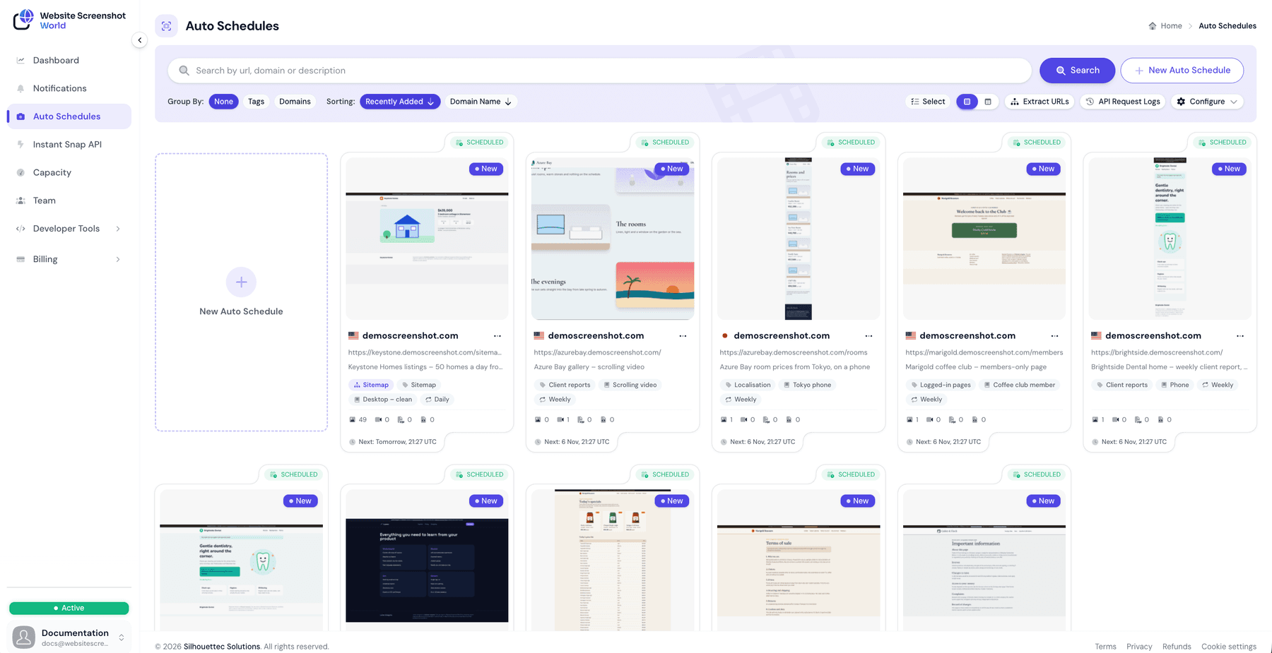 The Auto Schedules list in card view