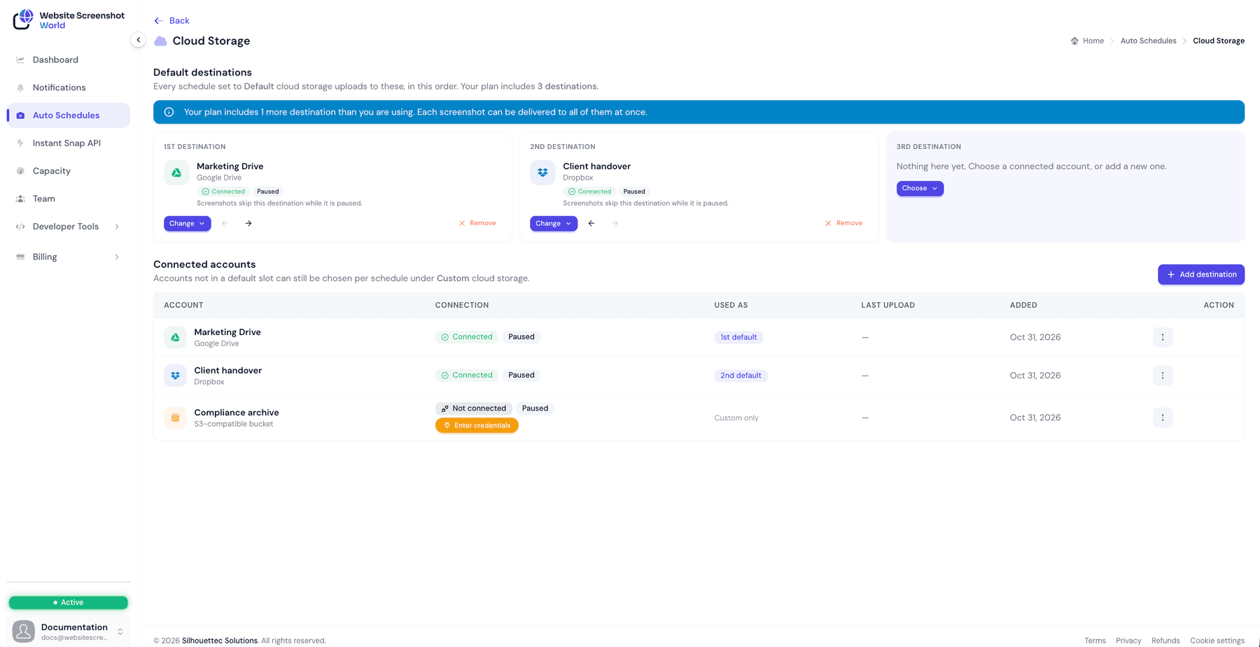 The Cloud Storage screen with two default destination cards and the Connected accounts table