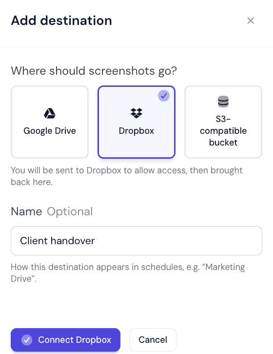 The Add destination panel with Dropbox chosen and the Connect Dropbox button