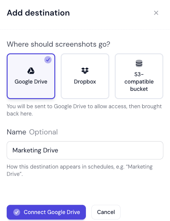 The Add destination panel with Google Drive, Dropbox and S3-compatible bucket, and an optional Name