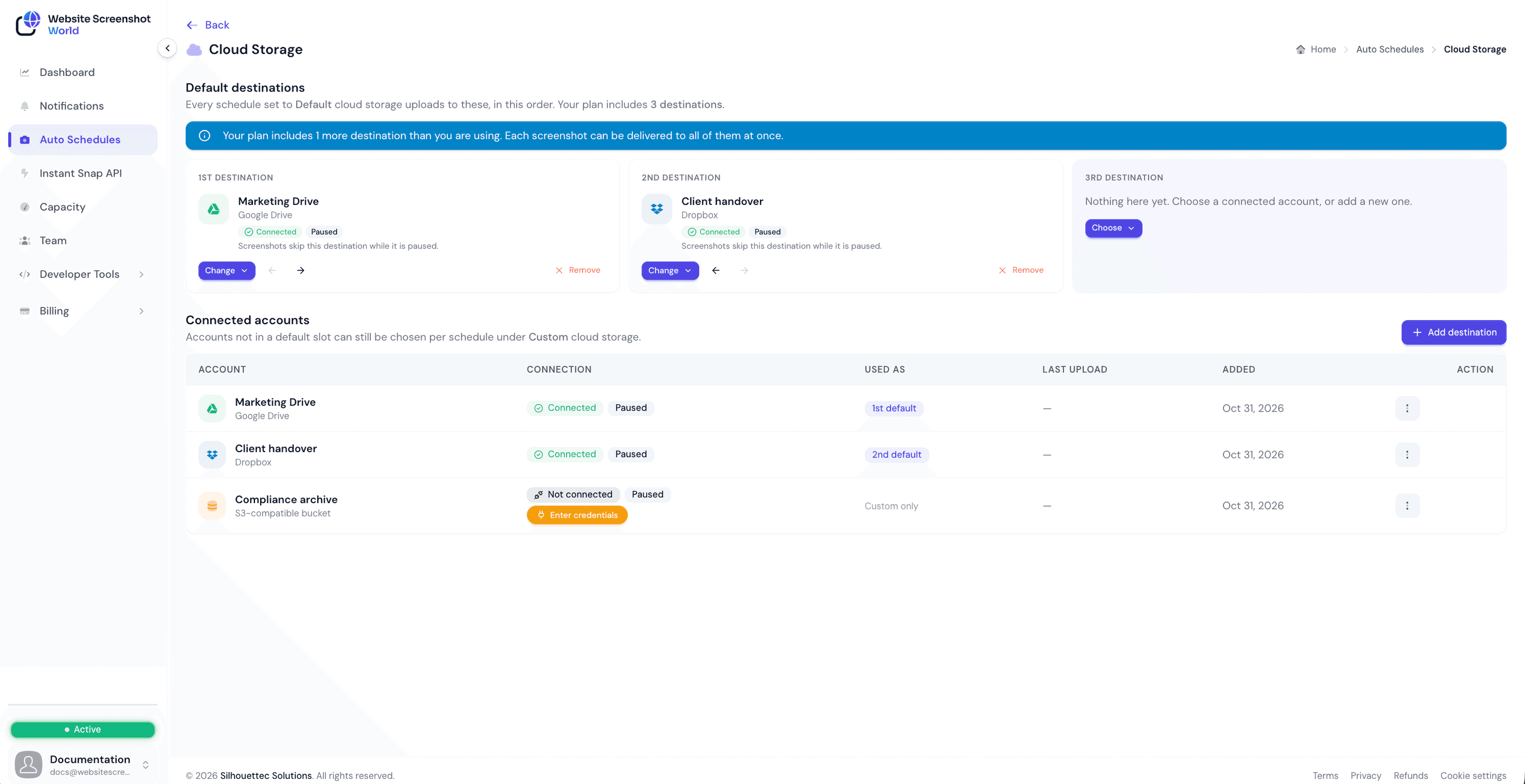 Cloud Storage settings listing connected Google Drive, Dropbox and S3-compatible destinations with their connection health