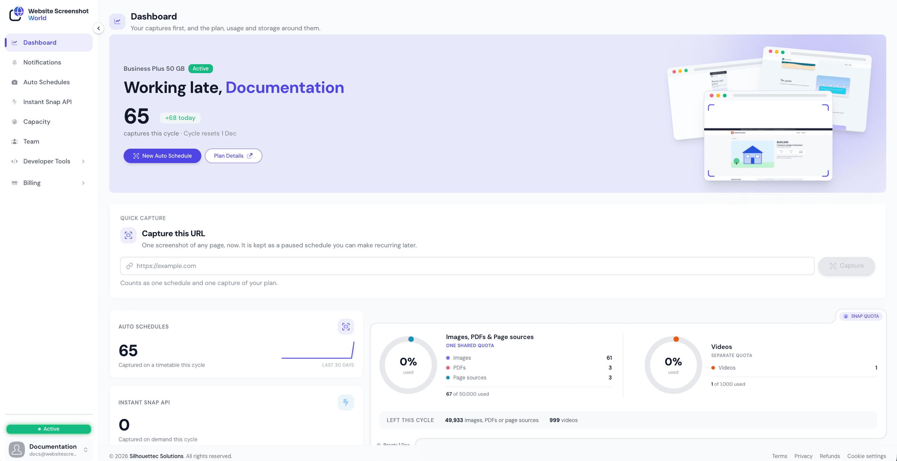 The Website Screenshot World dashboard showing monthly automated and API screenshot counts, snap quota, over-limit settings and cloud storage usage