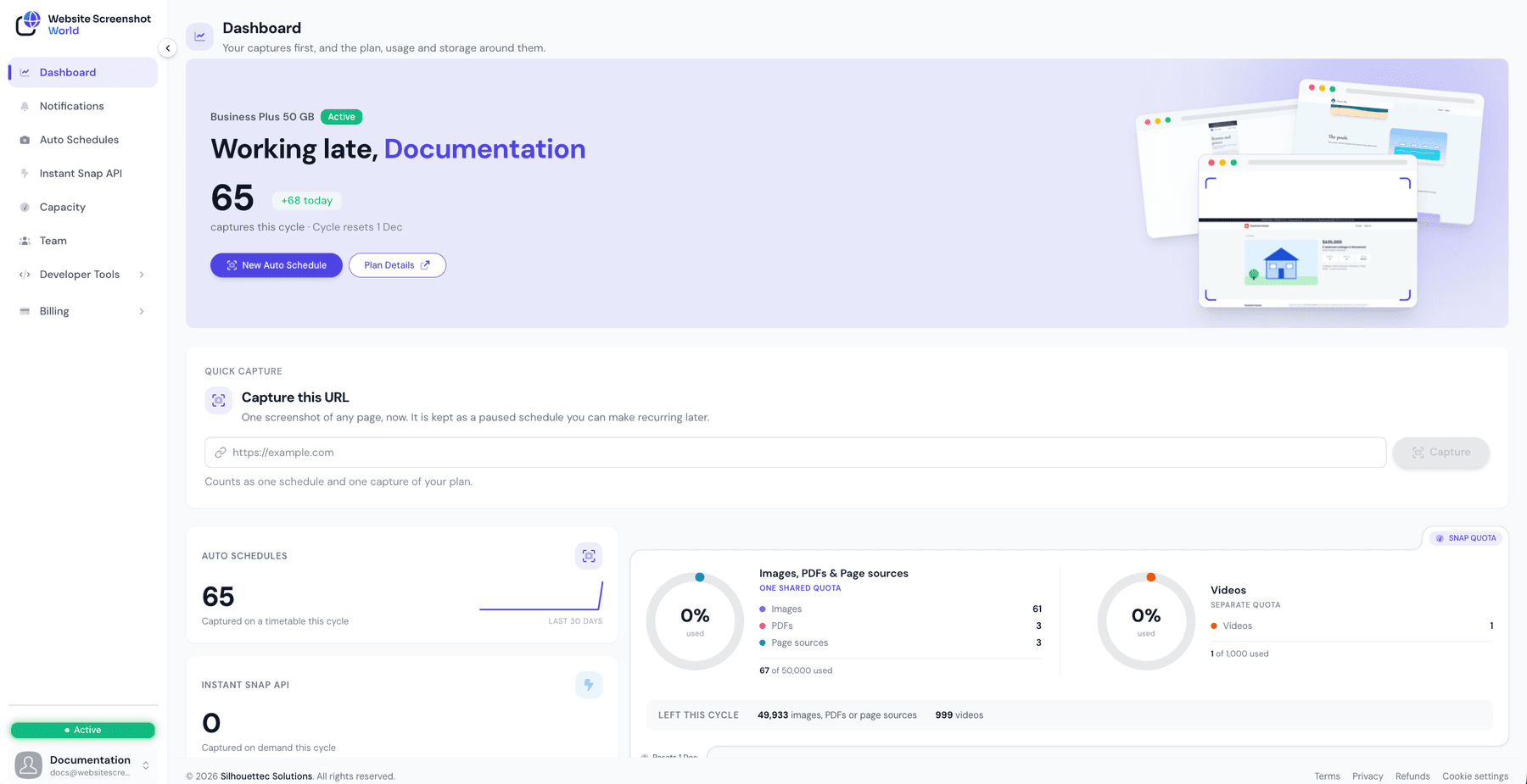 The Dashboard: the plan band with this cycle’s captures, Quick Capture, and the Auto Schedules, Instant Snap API and quota cards