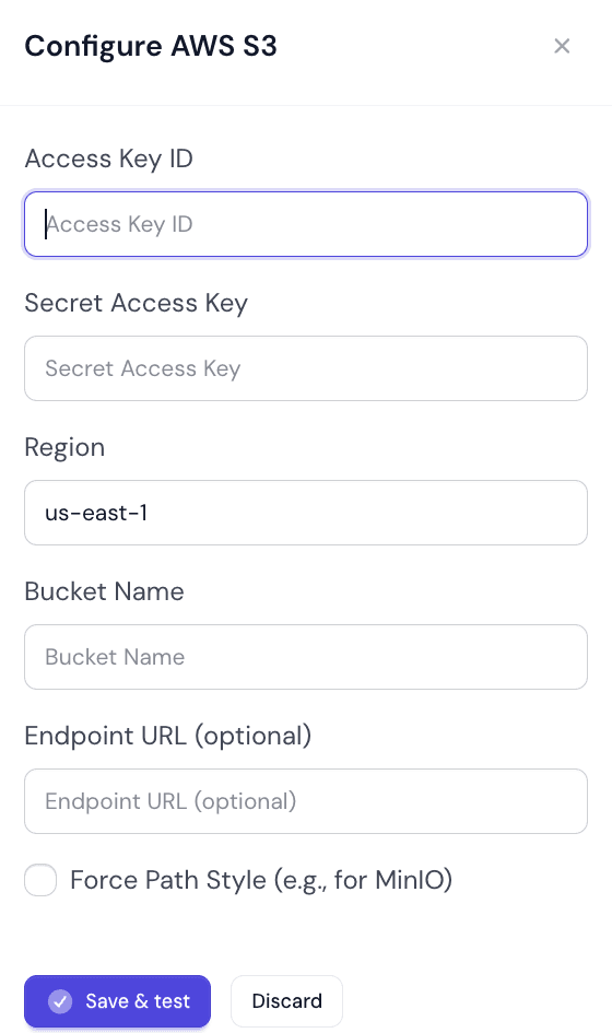 The Configure AWS S3 panel with Access Key ID, Secret Access Key, Region, Bucket Name, Endpoint URL and Force Path Style