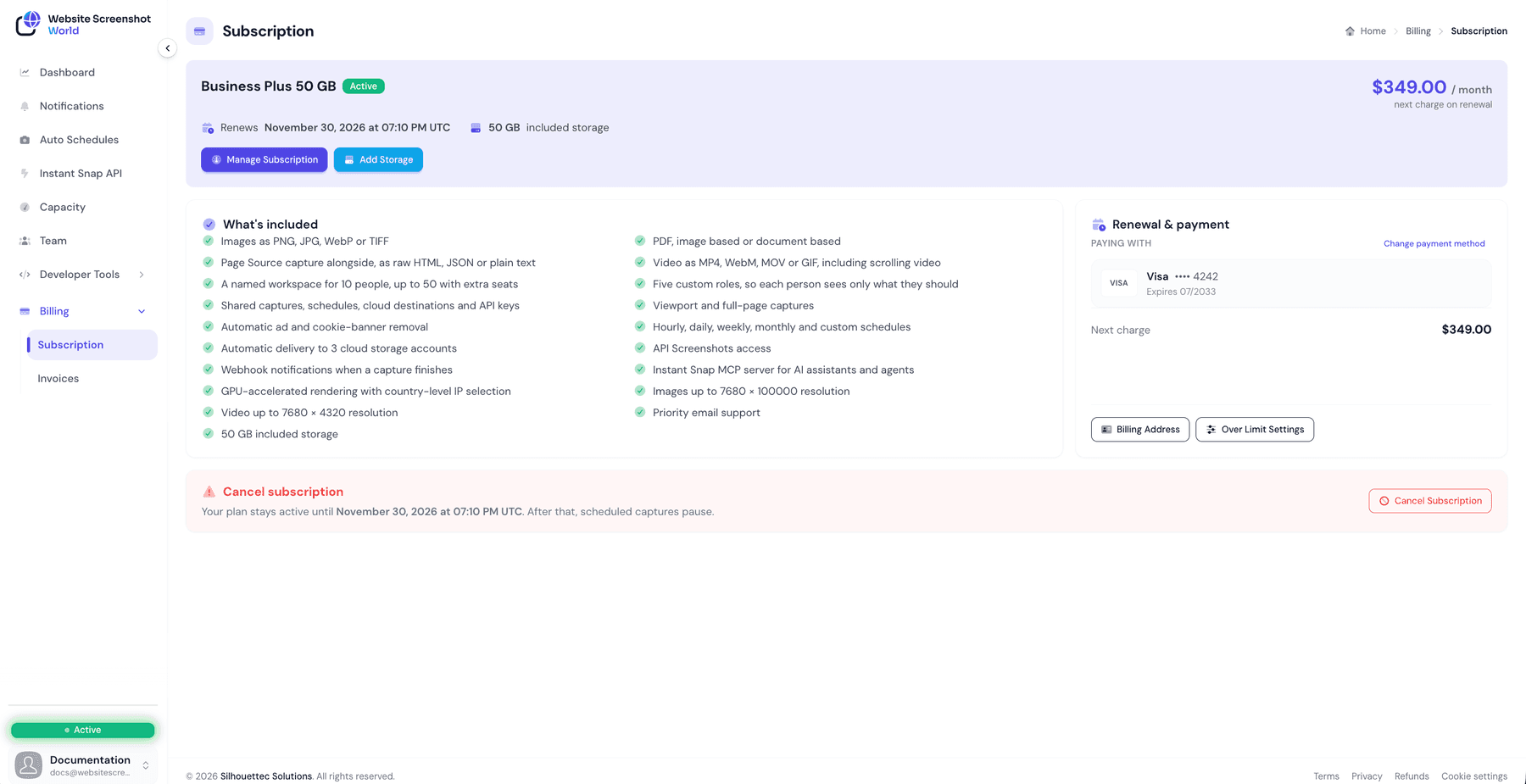 The Subscription page showing an active Business Plus plan, what it includes, the renewal date and the payment card