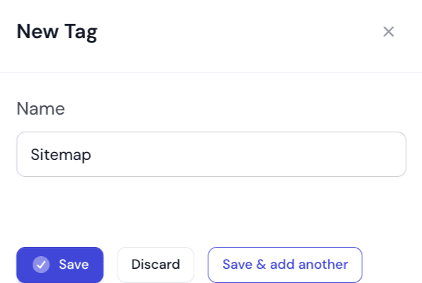 The New Tag panel with a single Name field and Save, Discard and Save and add another buttons