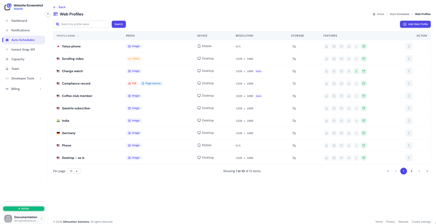 The Web Profiles list showing ten profiles - among them Tokyo phone, Scrolling video, Change watch and Compliance record - with their media type, device, resolution, storage and feature icons