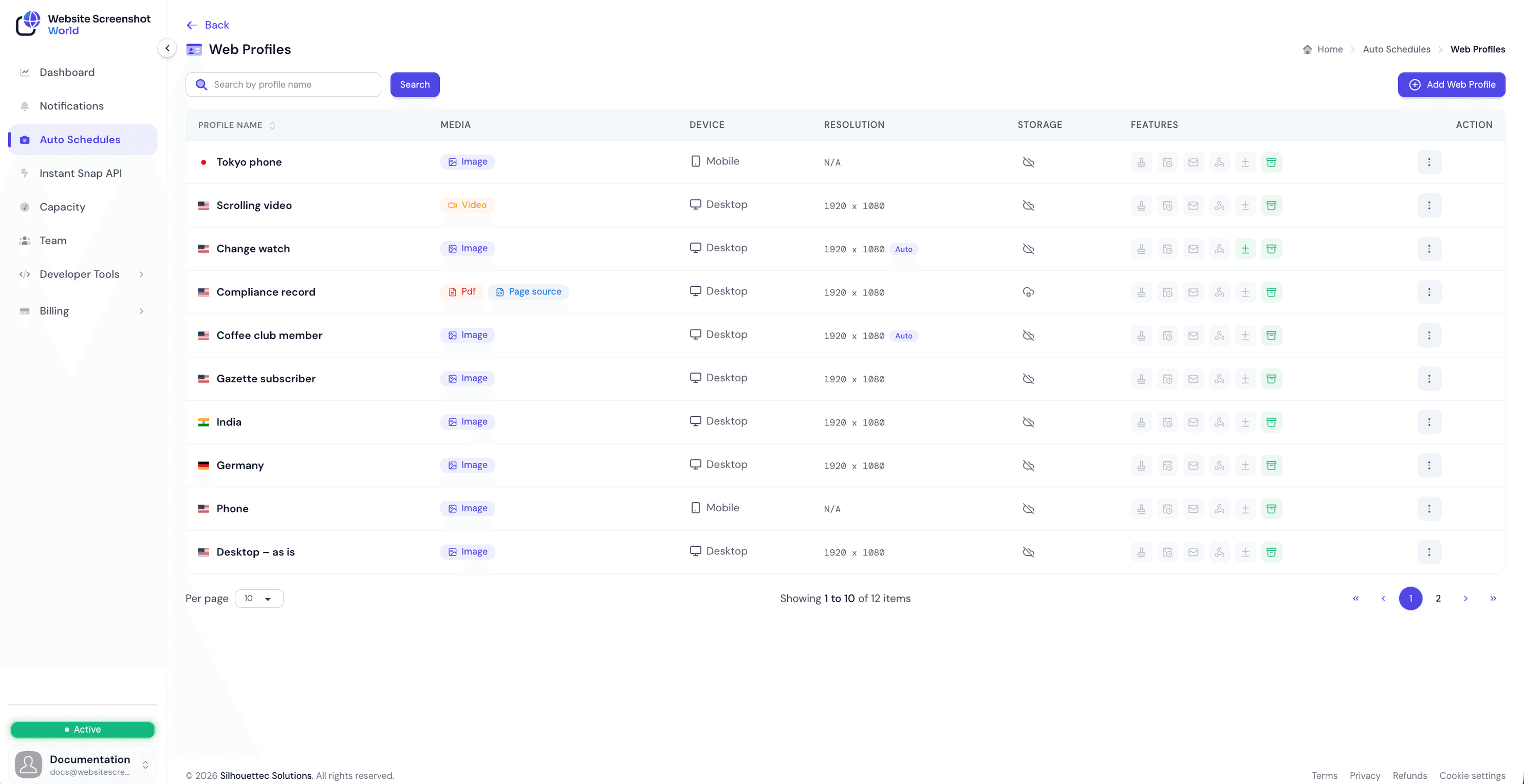 Web Profiles list showing reusable capture profiles for image, HTML, PDF and video output across desktop and mobile devices