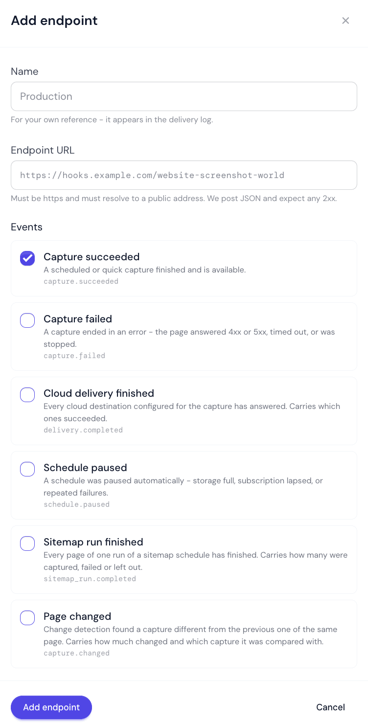 The Add endpoint panel with Name, Endpoint URL and a checkbox for each event